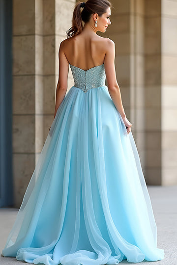 Light Blue Beaded Strapless A Line Long Formal Dress with Slit